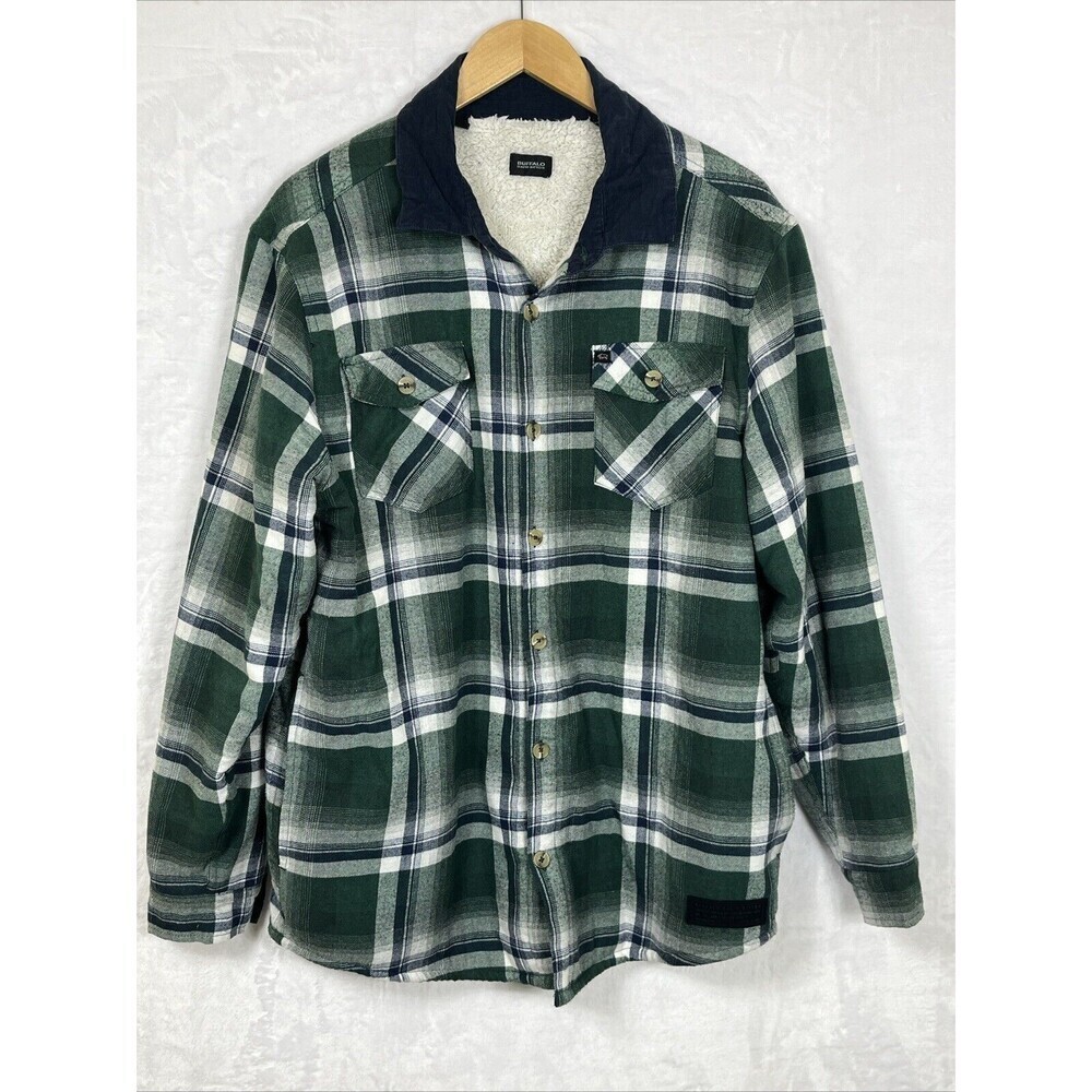 Buffalo David Bitton Flannel Shirt Jacket Faux Fur Green Blue White Size Large